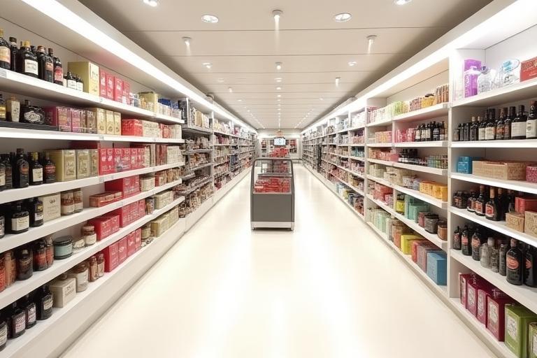 Innenansicht eines Duty-Free-Shops auf der Fähre mit Regalen voller Produkte
