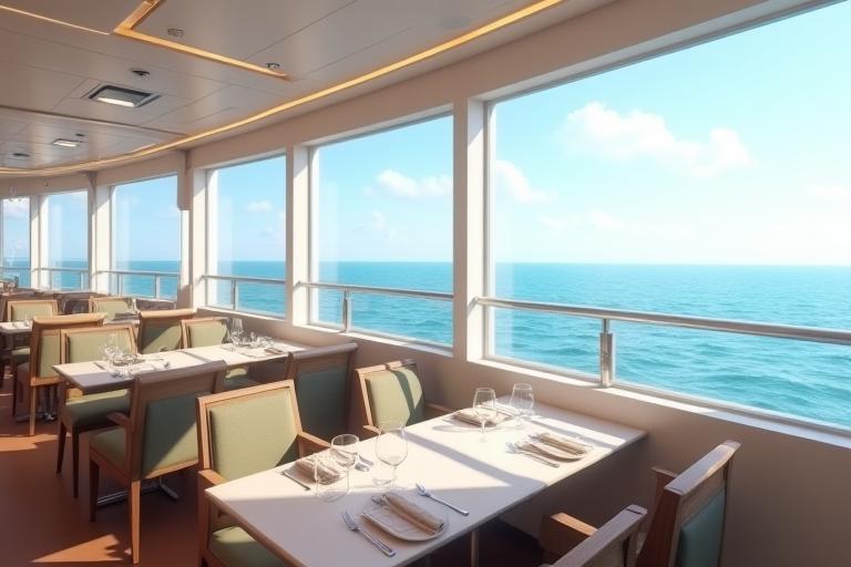 Innenansicht eines Restaurants auf der Fähre mit Meerblick