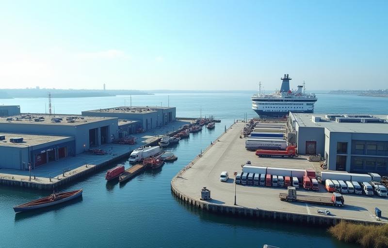 Blick auf das Fährterminal in Rostock mit parkenden LKWs und Gebäuden