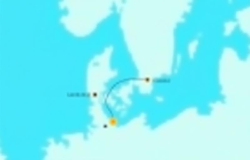 Karte der Fährroute zwischen Rostock, Deutschland, und Trelleborg, Schweden